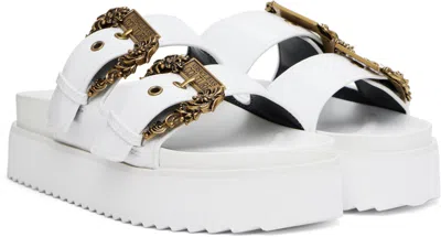 Versace Jeans Couture White Baroque Buckle Arizona Flat Sandals In E003 White