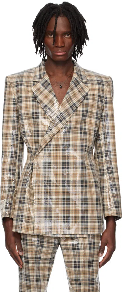 Egonlab Beige Egonic Double Breasted Blazer In Tartan Sequins