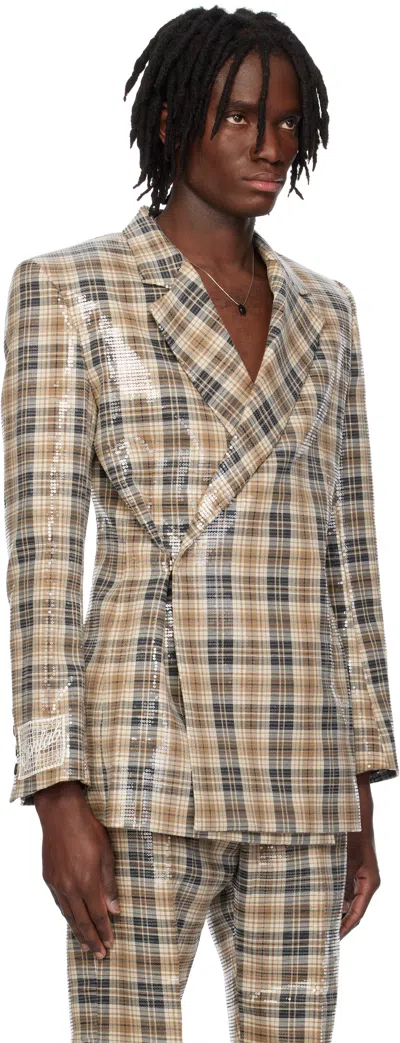 Egonlab Beige Egonic Double Breasted Blazer In Tartan Sequins