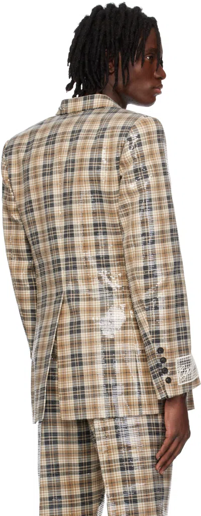 Egonlab Beige Egonic Double Breasted Blazer In Tartan Sequins