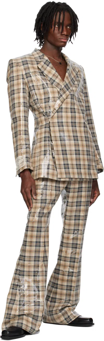 Egonlab Beige Egonic Double Breasted Blazer In Tartan Sequins