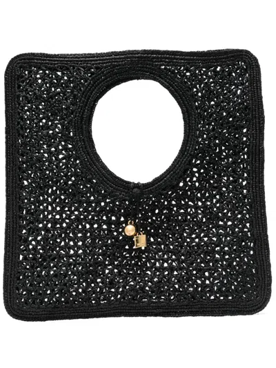 Jacquemus Carre Spiaggia Embellished Braided Raffia Tote In Black