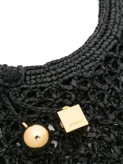 Jacquemus Carre Spiaggia Embellished Braided Raffia Tote In Black