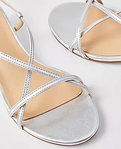Ann Taylor Metallic Strappy Ankle Wrap Kitten Heel Sandals In Silver Metallic