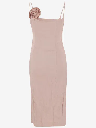 Blumarine Crinkled Satin Dress With 3d Rose