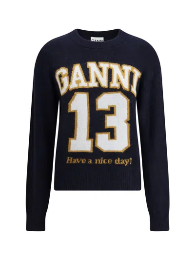Ganni Women Logo Graphic Baseball Wool Mix Sweater In Blue