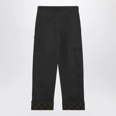 Burberry Black Pants With Logo Embroidery On The Side And Turn-up Checked Hem In Cotton Man