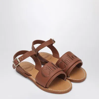 Chloé Brown Leather Sandals With Logo