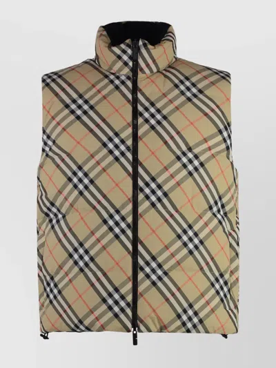 Burberry Beige Sleeveless Reversible Down Jacket With High Neck And All-over Check Motif In Tech Fabric Man In Neutral