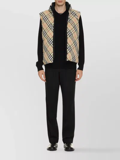 Burberry Beige Sleeveless Reversible Down Jacket With High Neck And All-over Check Motif In Tech Fabric Man In Neutral