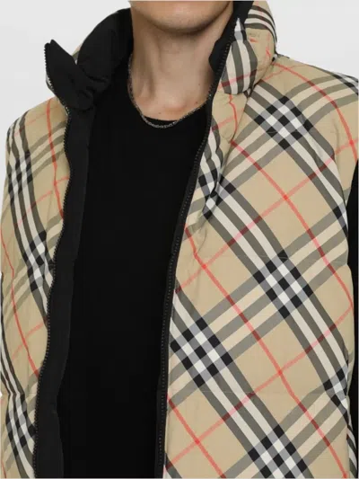 Burberry Beige Sleeveless Reversible Down Jacket With High Neck And All-over Check Motif In Tech Fabric Man In Neutral