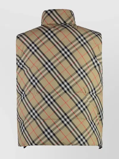 Burberry Beige Sleeveless Reversible Down Jacket With High Neck And All-over Check Motif In Tech Fabric Man In Neutral