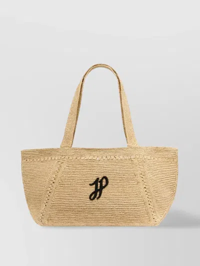 Patou Structured Raffia Tote Bag With Intricate Detailing In Brown