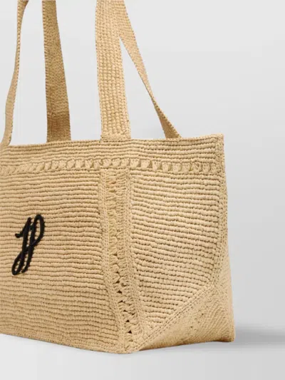 Patou Structured Raffia Tote Bag With Intricate Detailing In Brown