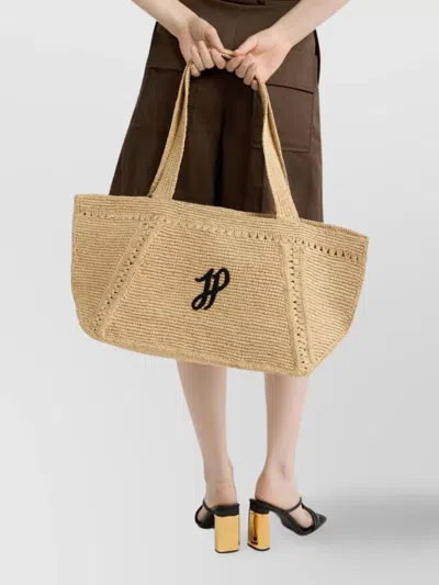 Patou Structured Raffia Tote Bag With Intricate Detailing In Brown