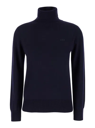 Apc Blue High Neck Sweater With Logo Embroidery In Wool Woman In Multicolor