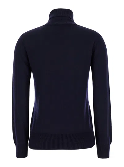 Apc Blue High Neck Sweater With Logo Embroidery In Wool Woman In Multicolor