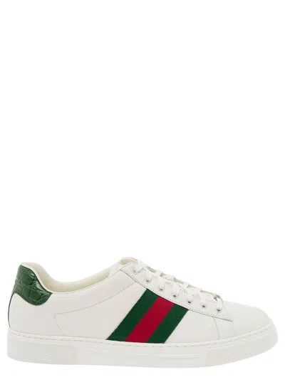 Gucci Ace Leather Sneakers With Lateral Web Band In White