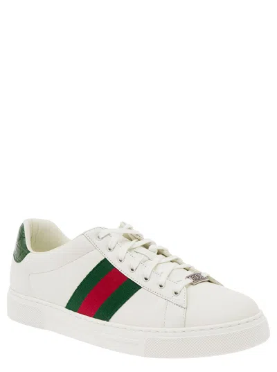 Gucci Ace Leather Sneakers With Lateral Web Band In White