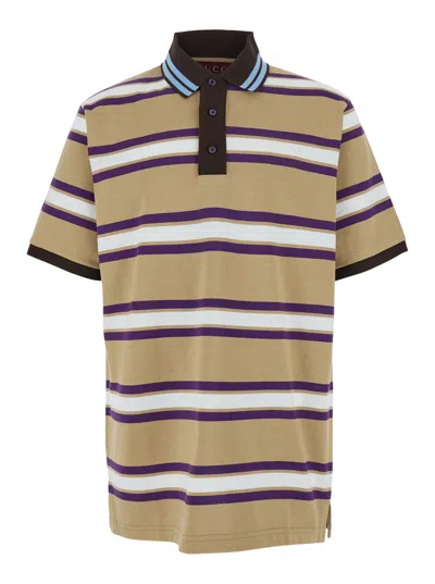 Gucci Beige Polo Shirt With Logo Imprinted On The Front And All-over Striped Motif In Cotton Man In Multi