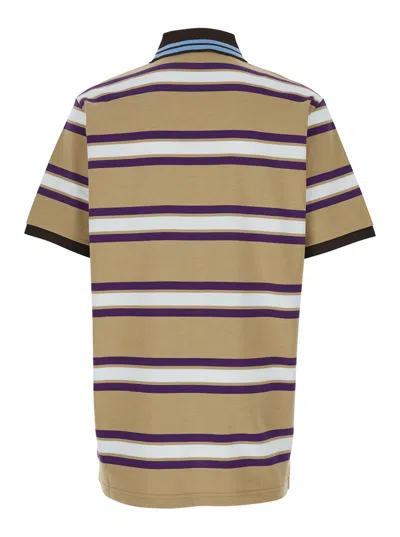 Gucci Beige Polo Shirt With Logo Imprinted On The Front And All-over Striped Motif In Cotton Man In Multi