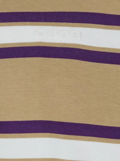 Gucci Beige Polo Shirt With Logo Imprinted On The Front And All-over Striped Motif In Cotton Man In Multi
