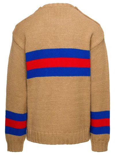 Gucci Camel Brown Crewneck Sweater With Web Intarsia In Wool And Mohair Man In Multi