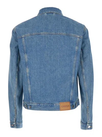 Gucci Light Blue Jacket With Gg Logo Print On The Front In Denim Man In Black