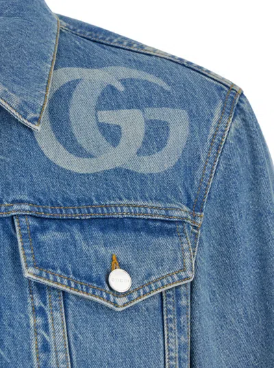 Gucci Light Blue Jacket With Gg Logo Print On The Front In Denim Man In Black
