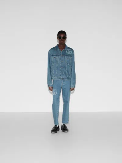 Gucci Light Blue Jacket With Gg Logo Print On The Front In Denim Man In Black