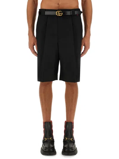 Gucci Black Bermuda Shorts With Web Detail In Wool Man In Black