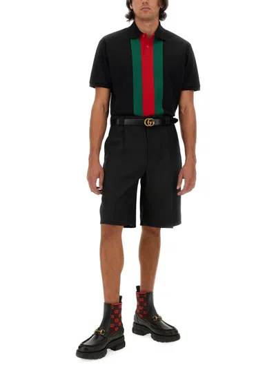 Gucci Black Bermuda Shorts With Web Detail In Wool Man In Black