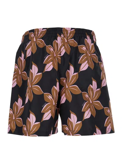 Gucci Multicolor Swimsuit With Drawstring And All-over Floral Print In Tech Fabric Man