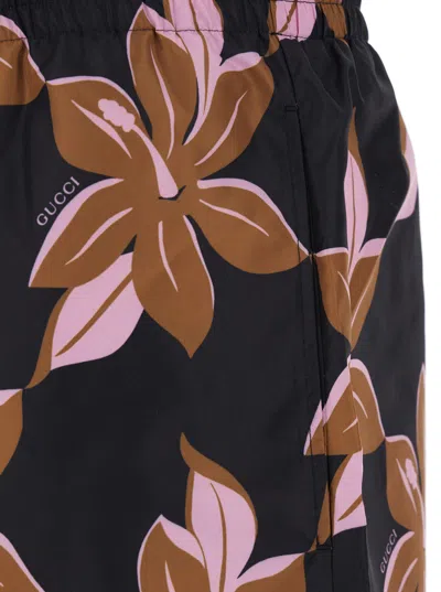 Gucci Multicolor Swimsuit With Drawstring And All-over Floral Print In Tech Fabric Man