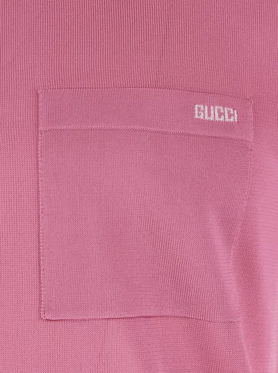 Gucci Pink Polo Shirt With Chest Pocket And Embroidered Logo On The Front In Fine Silk Knit Man In Animal Print