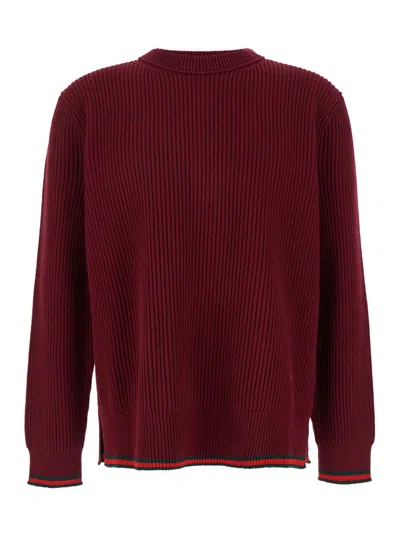 Gucci Red Crewneck Sweater With Web Detail In Ribbed Wool Blend Man In Multicolor