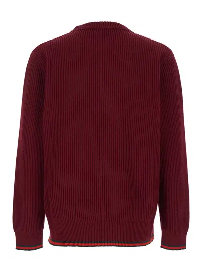Gucci Red Crewneck Sweater With Web Detail In Ribbed Wool Blend Man In Multicolor