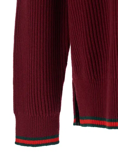 Gucci Red Crewneck Sweater With Web Detail In Ribbed Wool Blend Man In Multicolor