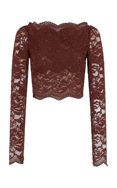 Rabanne Floral Lace Long Sleeve Cropped Top In Burgundy