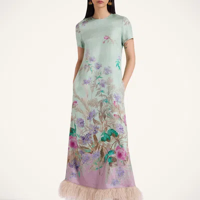 La Doublej Swing Feather-trimmed Printed Silk-twill Maxi Dress In Green