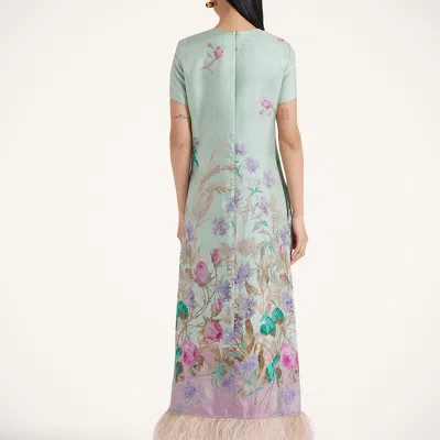 La Doublej Swing Feather-trimmed Printed Silk-twill Maxi Dress In Green