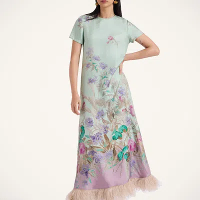 La Doublej Swing Feather-trimmed Printed Silk-twill Maxi Dress In Green