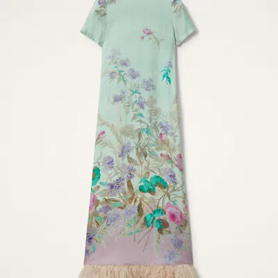La Doublej Swing Feather-trimmed Printed Silk-twill Maxi Dress In Green