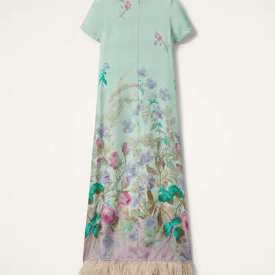 La Doublej Swing Feather-trimmed Printed Silk-twill Maxi Dress In Green