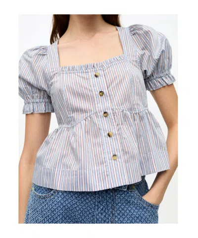 Ganni Candy Stripe Blouse In Soft Chambray In Soft Chambray