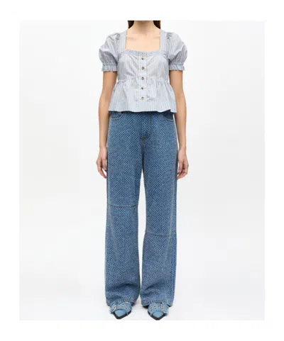 Ganni Candy Stripe Blouse In Soft Chambray In Soft Chambray