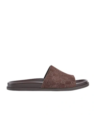Gucci Brown Calf Leather Bos Taurus Flat Sandals In Brown