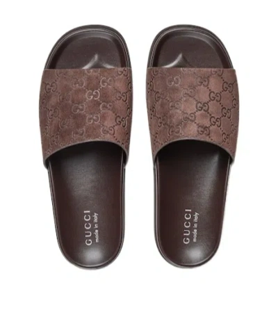 Gucci Brown Calf Leather Bos Taurus Flat Sandals In Brown