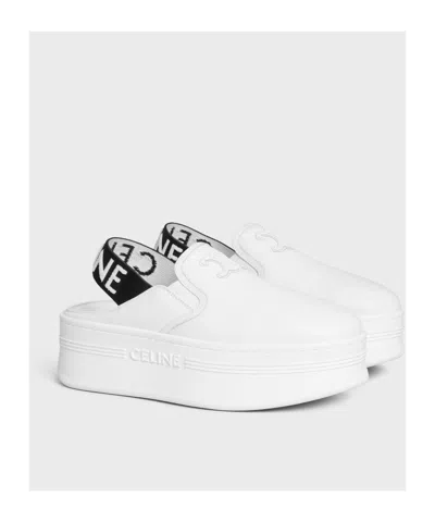 Celine Block Wedge Mule In Calfskin And Textile With  Jacquard In Fluorescent White/black