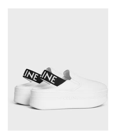 Celine Block Wedge Mule In Calfskin And Textile With  Jacquard In Fluorescent White/black